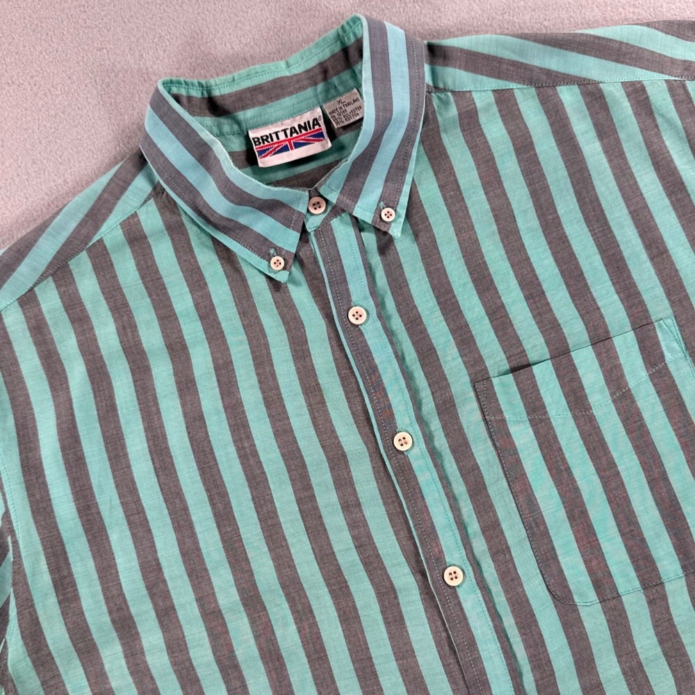 Brittania Shirt Vertical Stripe XL Teal Grey Short Sleeve Button Down